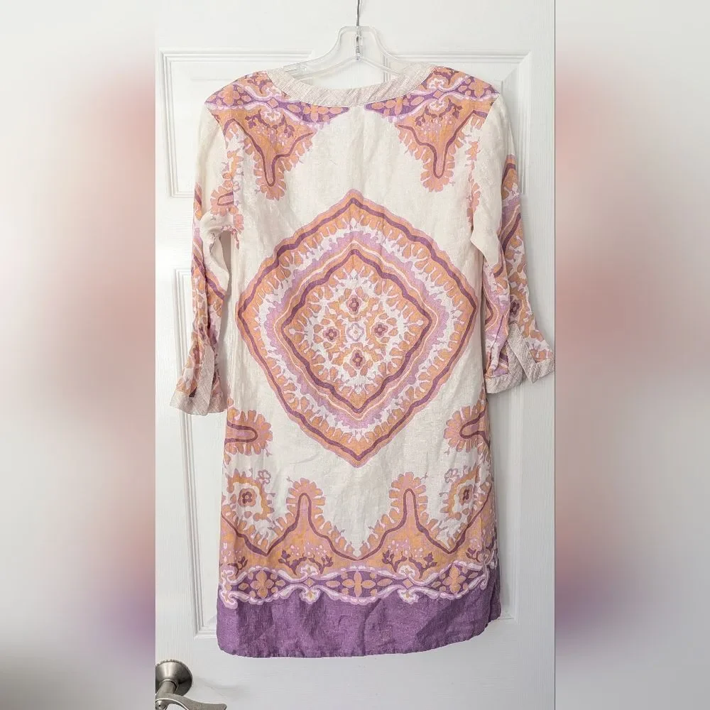 J. Crew Bazaar Linen Dress Sz 0 Sleeves Boho Shift Purple Cream Midi Dress Tunic